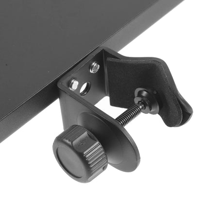 Black adjustable desk clamp with textured knob and metal screw mechanism for microphone rack stand in live streaming ktv and outdoor broadcasting mic use