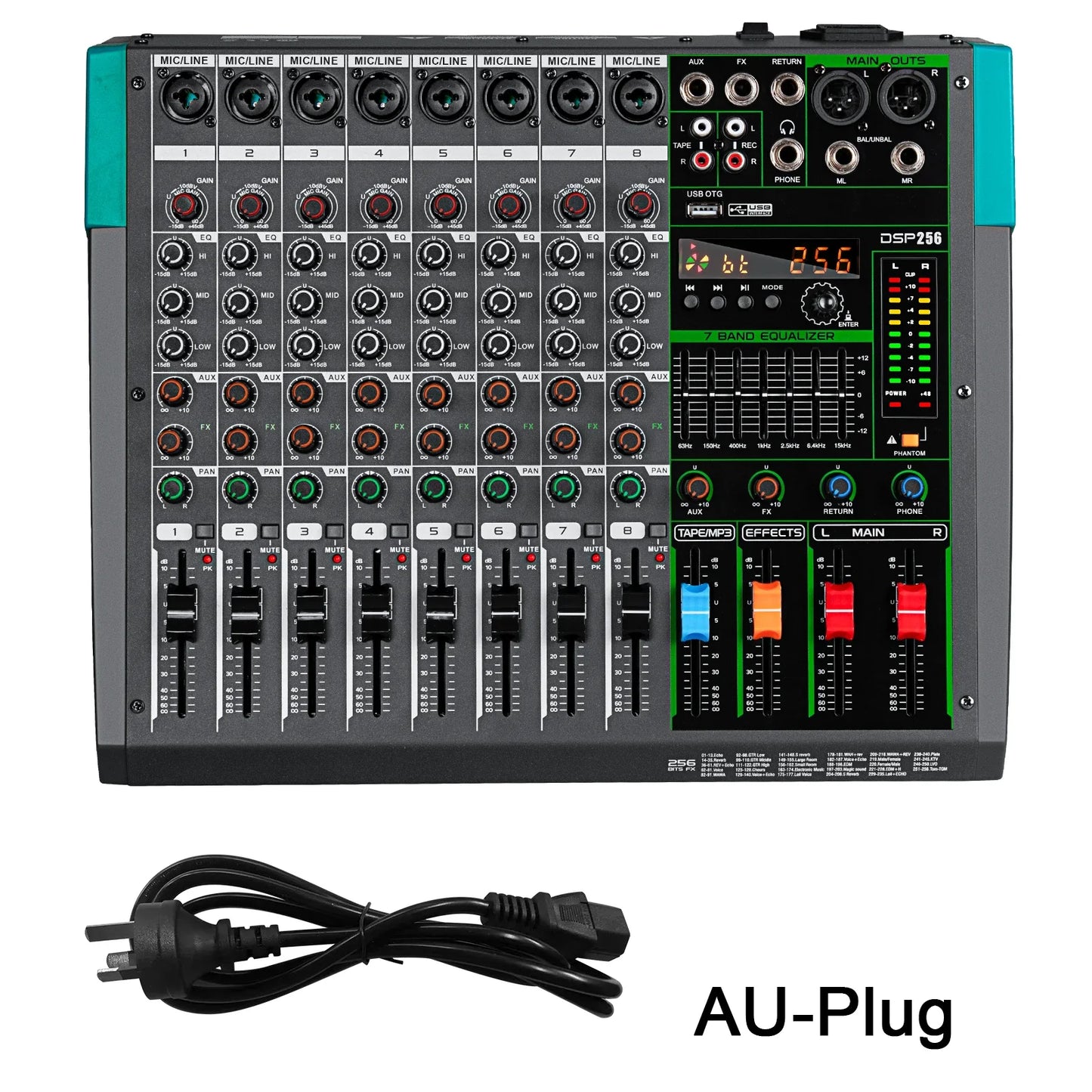 Black and teal professional audio mixer depusheng mg8 with 8 channels, knobs, sliders, and 7-band equalizer display for console dj mixing