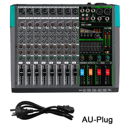 Black and teal professional audio mixer depusheng mg8 with 8 channels, knobs, sliders, and 7-band equalizer display for console dj mixing