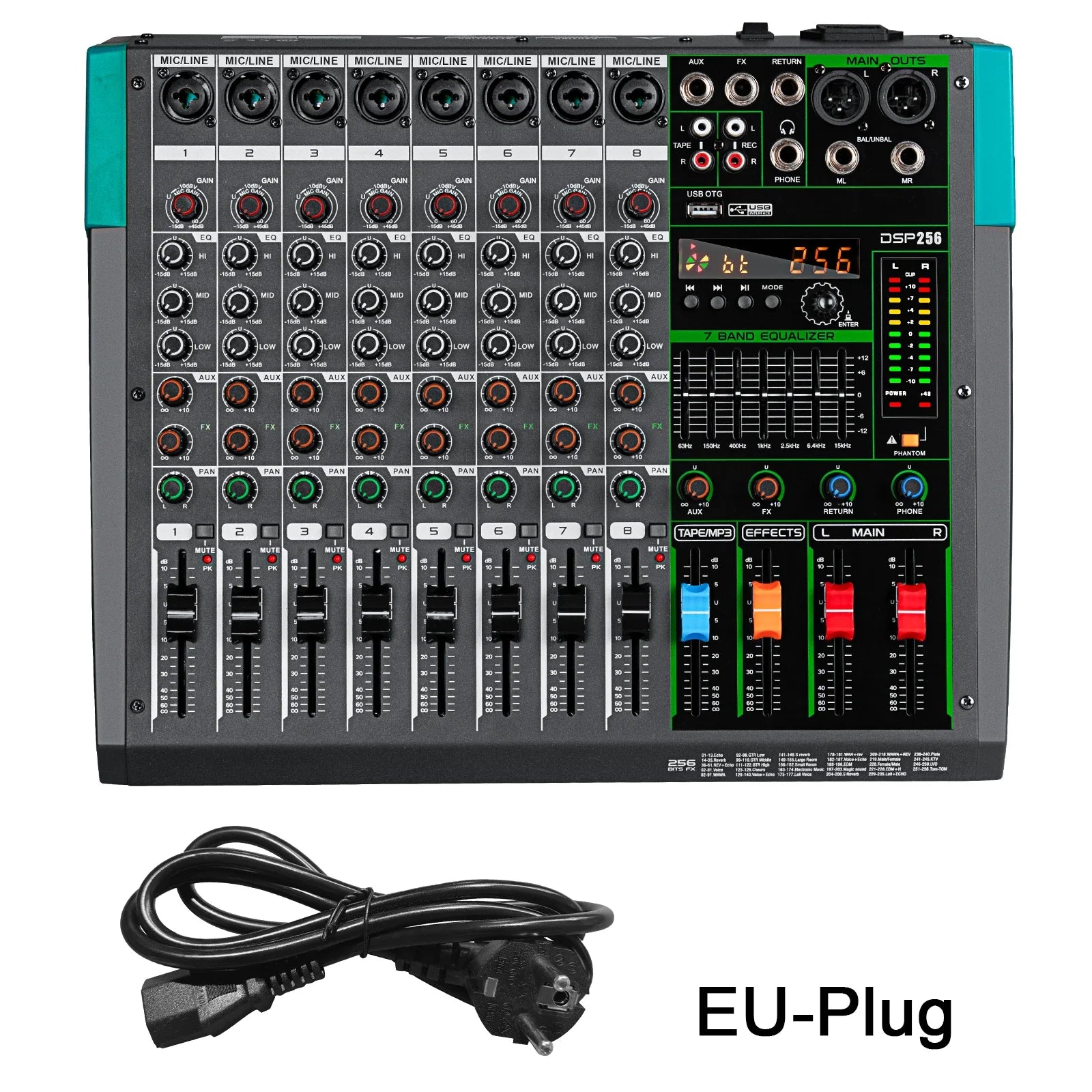 Black and teal professional audio mixer depusheng mg8 with 8 channels knobs faders digital display and built-in 256 reverb effect