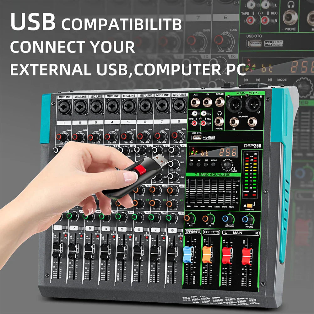 Black and teal professional audio mixer depusheng mg8 console dj mixing desk with green illuminated controls and multiple ports