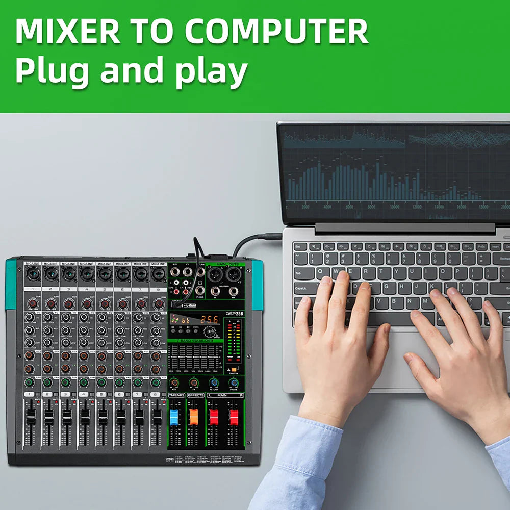 Professional audio mixer depusheng mg8 in black and teal with knobs sliders led displays and built-in 256 reverb effect connected to laptop