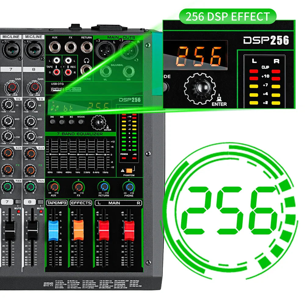 Black professional audio mixer depusheng mg8 with green digital display and colorful channel faders console dj mixing system