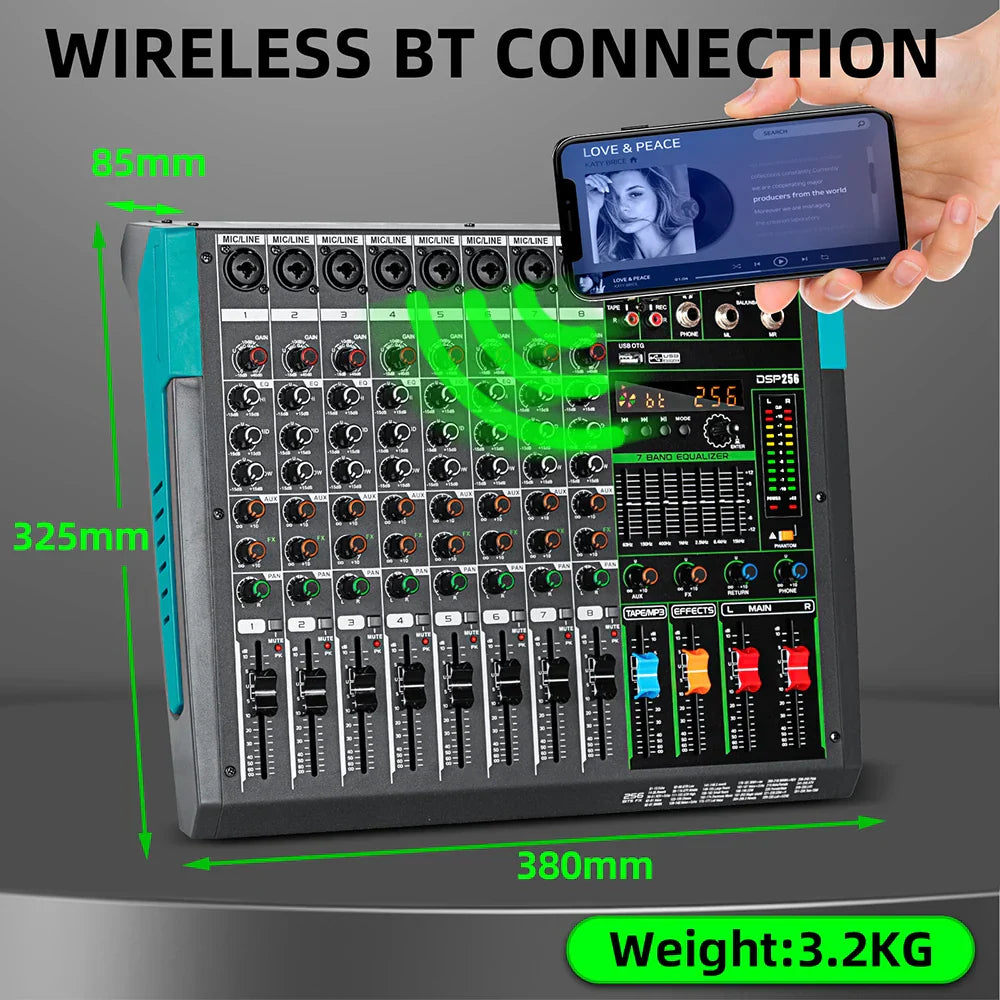 Black and teal professional audio mixer depusheng mg8 with 8 channels knobs sliders and built-in 256 reverb effect console dj mixing