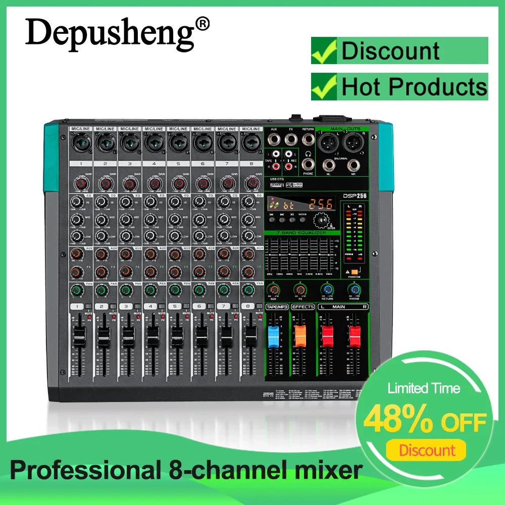 Black and teal professional audio mixer depusheng mg8 with 8 channels, multiple knobs, sliders, and built-in reverb effect