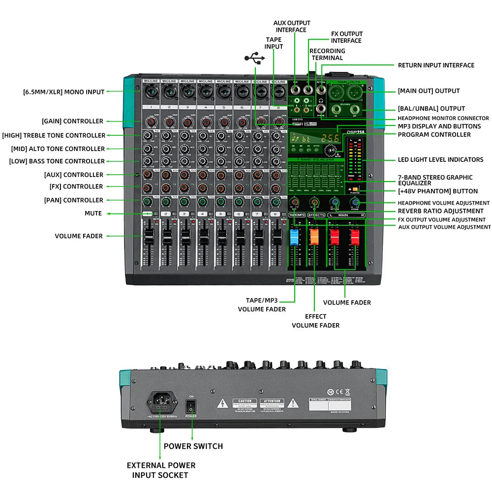 Black and teal professional audio mixer depusheng mg8 with multiple ports, knobs, sliders, and digital display console dj mixing system