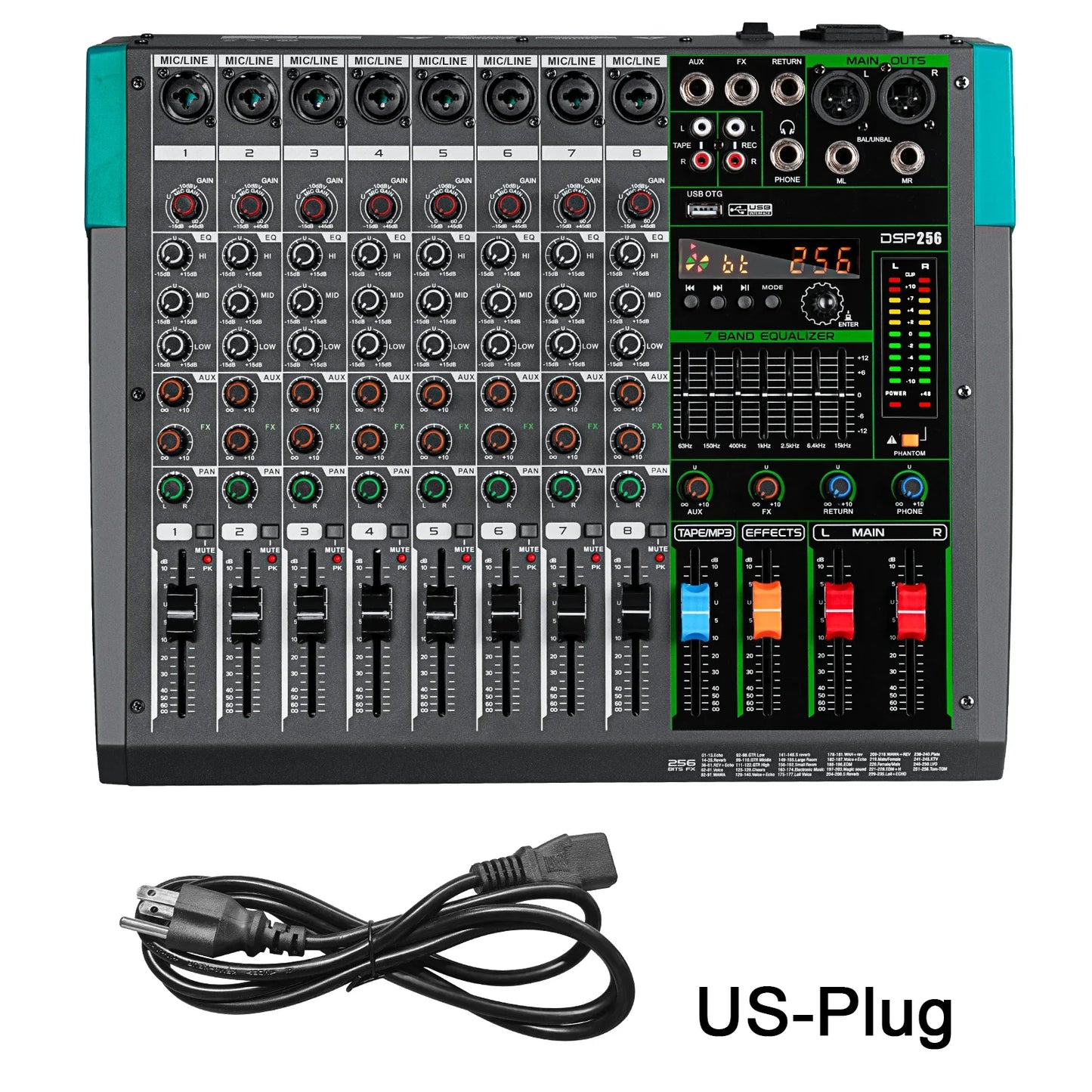 Black and teal professional audio mixer depusheng mg8 with 8 channels faders knobs and built-in 256 reverb effect console dj mixing