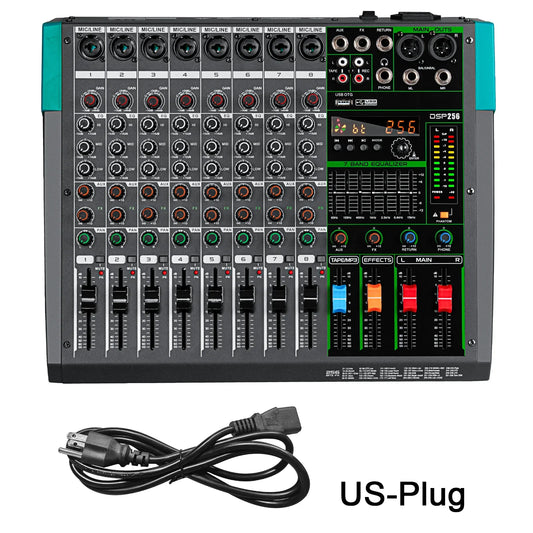 Black and teal professional audio mixer depusheng mg8 with 8 channels faders knobs and built-in 256 reverb effect console dj mixing