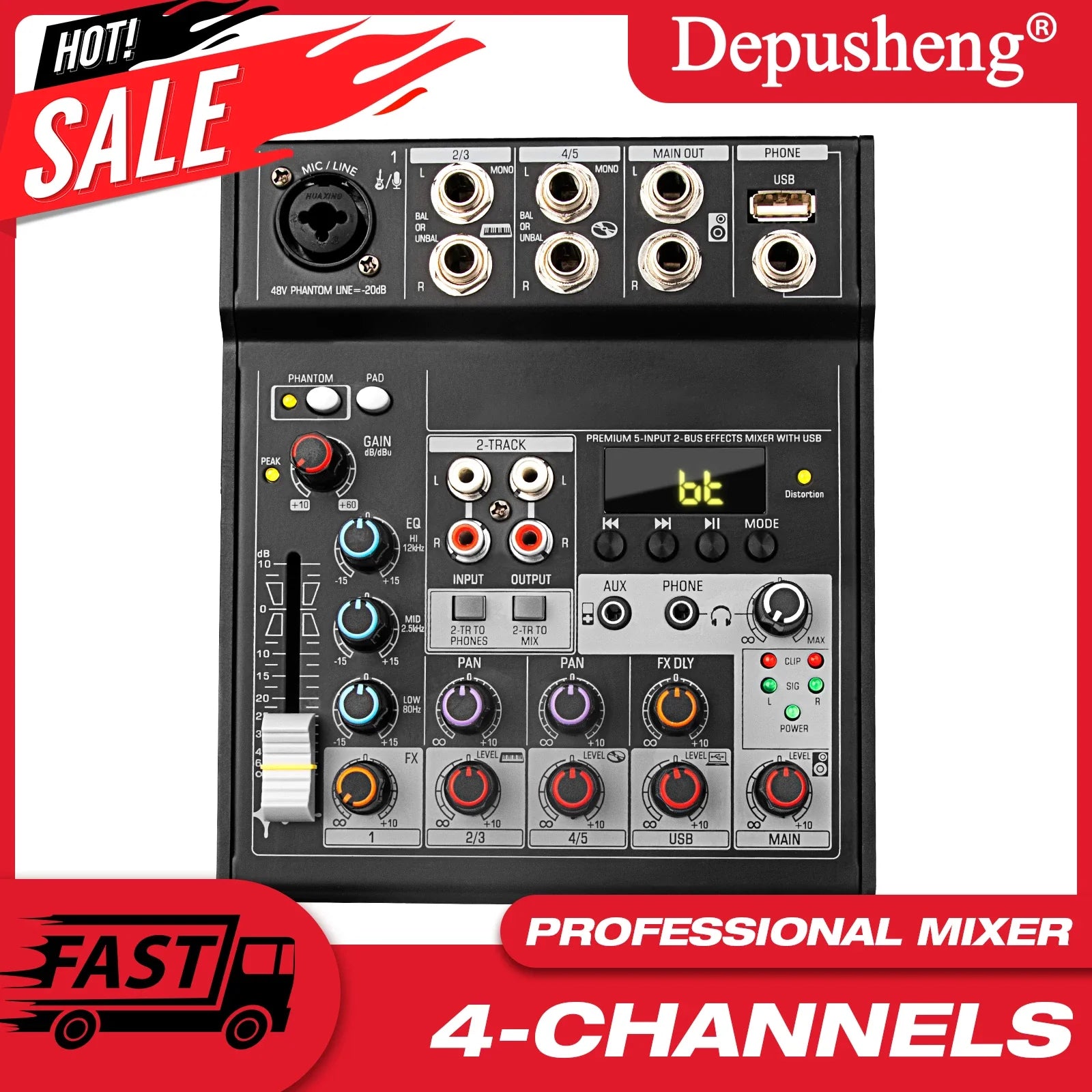 Black depusheng 4-channel professional audio mixer with silver knobs usb computer mp3 input and 48v phantom power display
