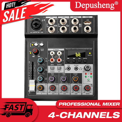 Black depusheng 4-channel professional audio mixer with silver knobs usb computer mp3 input and 48v phantom power display