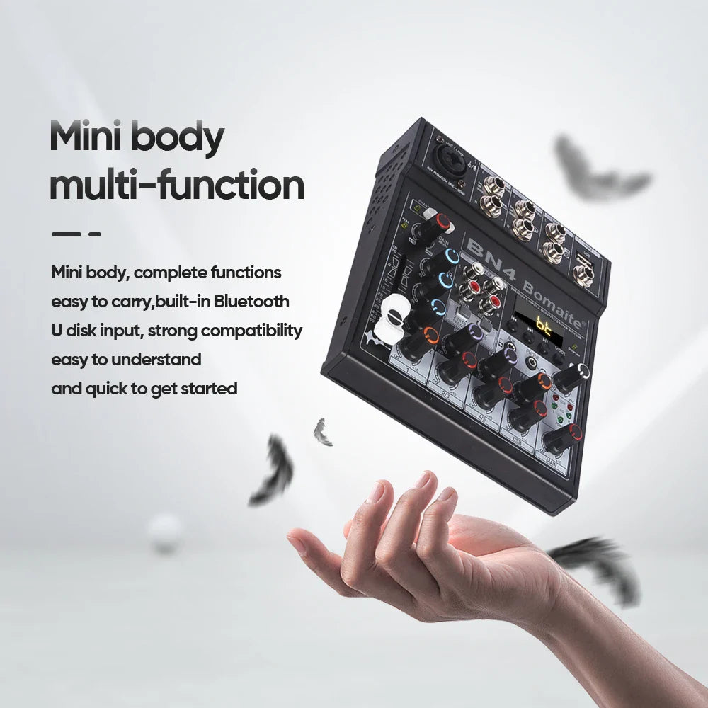 Black bn4 bomaite professional audio mixer with colorful knobs 48v phantom power usb computer mp3 input jacks