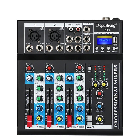 Black depusheng ht4 professional audio mixing console with colorful knobs and bluetooth mixing effect for live recording