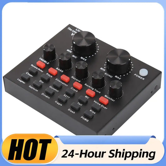 Black rectangular professional audio sound card with red buttons and black knobs for electric guitar live recording effects
