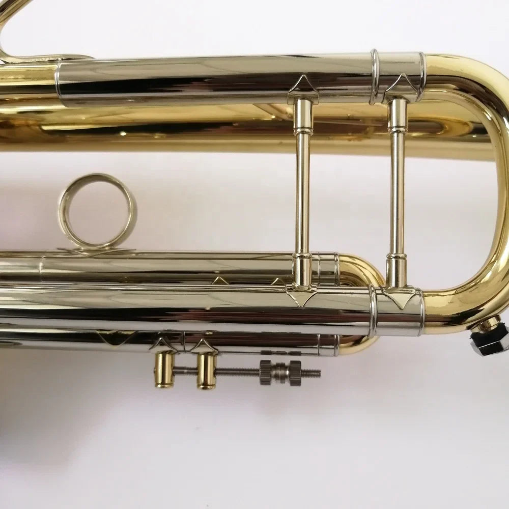 Professional bb trumpet with shiny brass tubing and silver-colored valves for student use in beat music store
