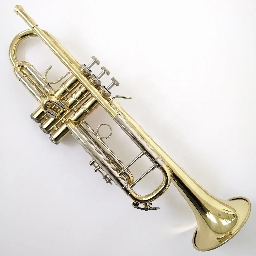Professional bb trumpet with shiny gold brass body and polished silver valves ideal for students and beat music store use
