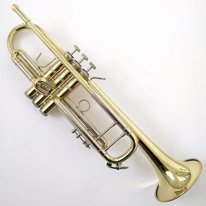 Professional bb trumpet with shiny gold brass body and polished silver valves ideal for students and beat music store use