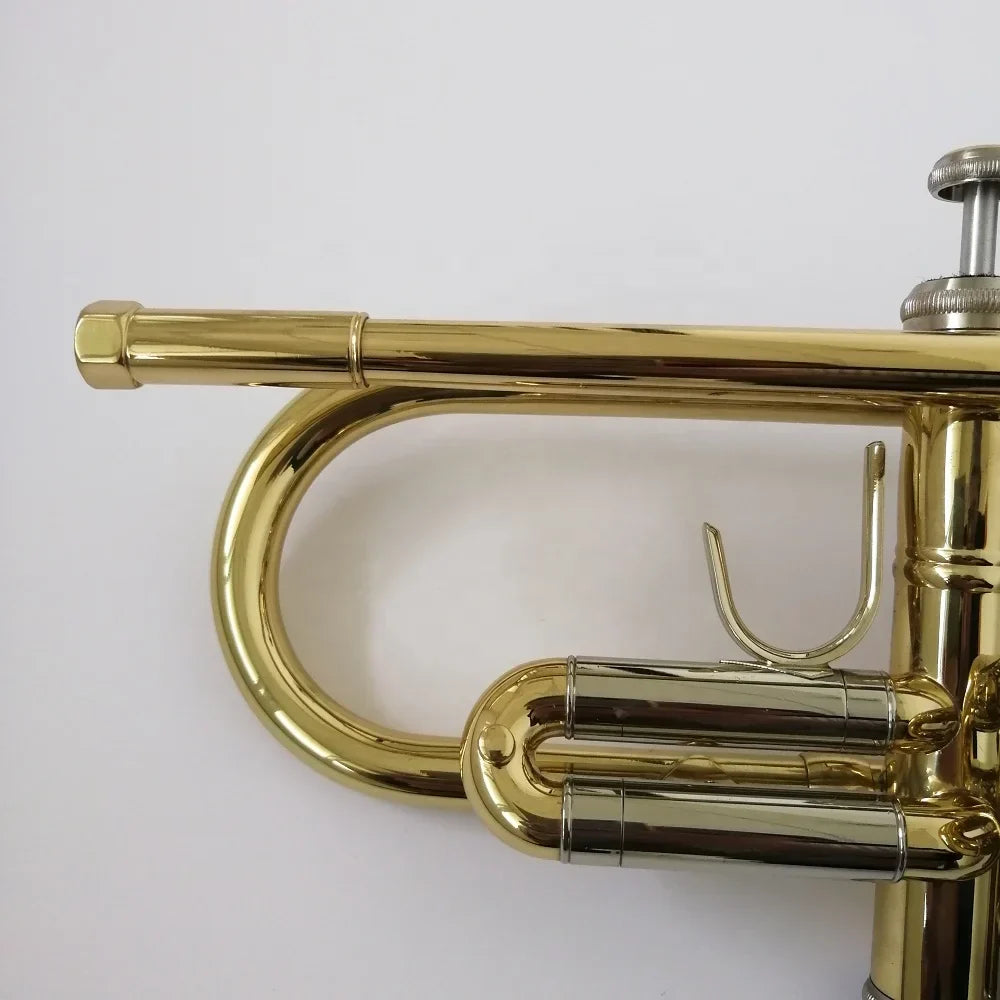 Professional bb trumpet with shiny gold brass finish and silver valve mechanism ideal for student and beat music store use