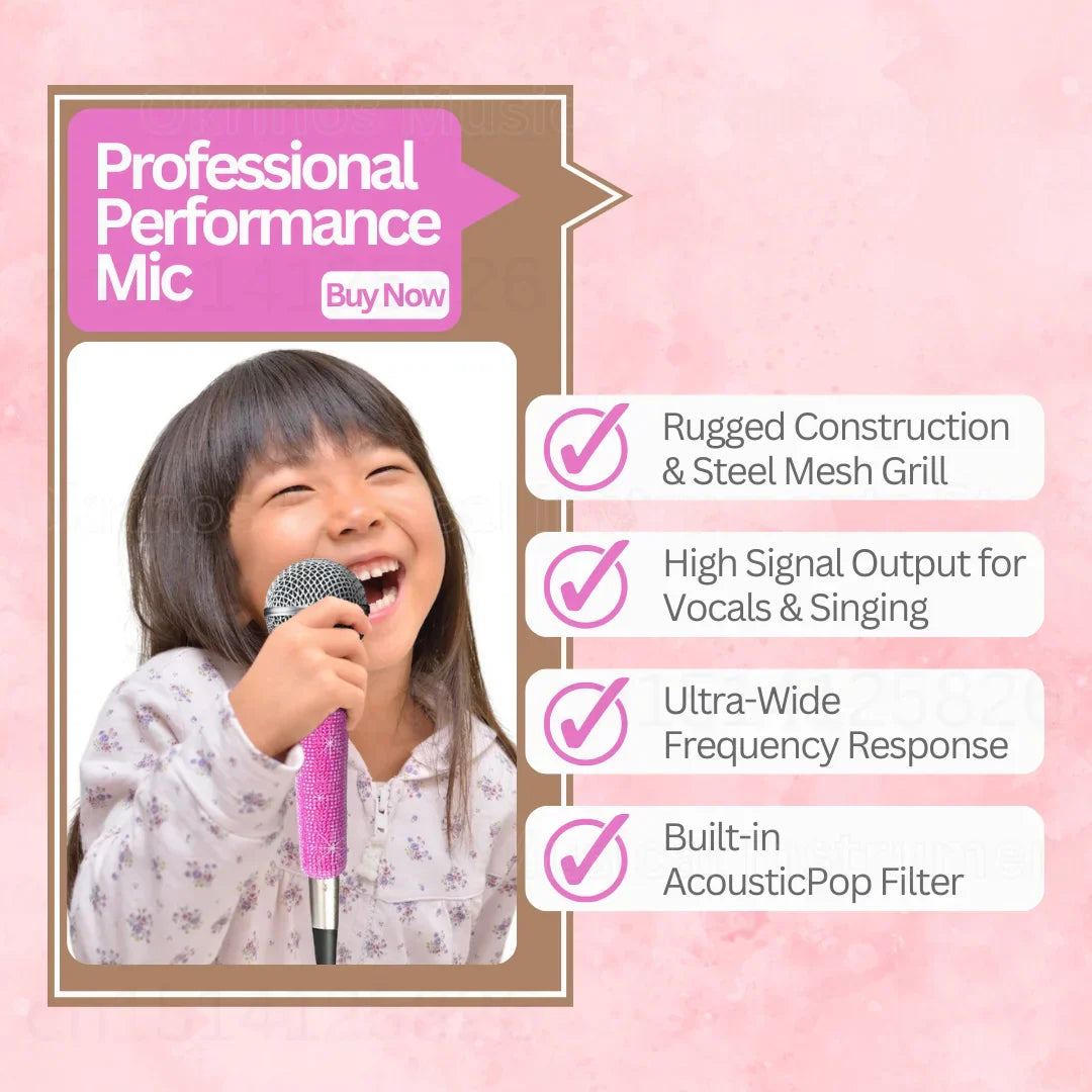 Pink karaoke microphone with crystal-encrusted sparkle handle steel mesh grill and metal body for professional bling use