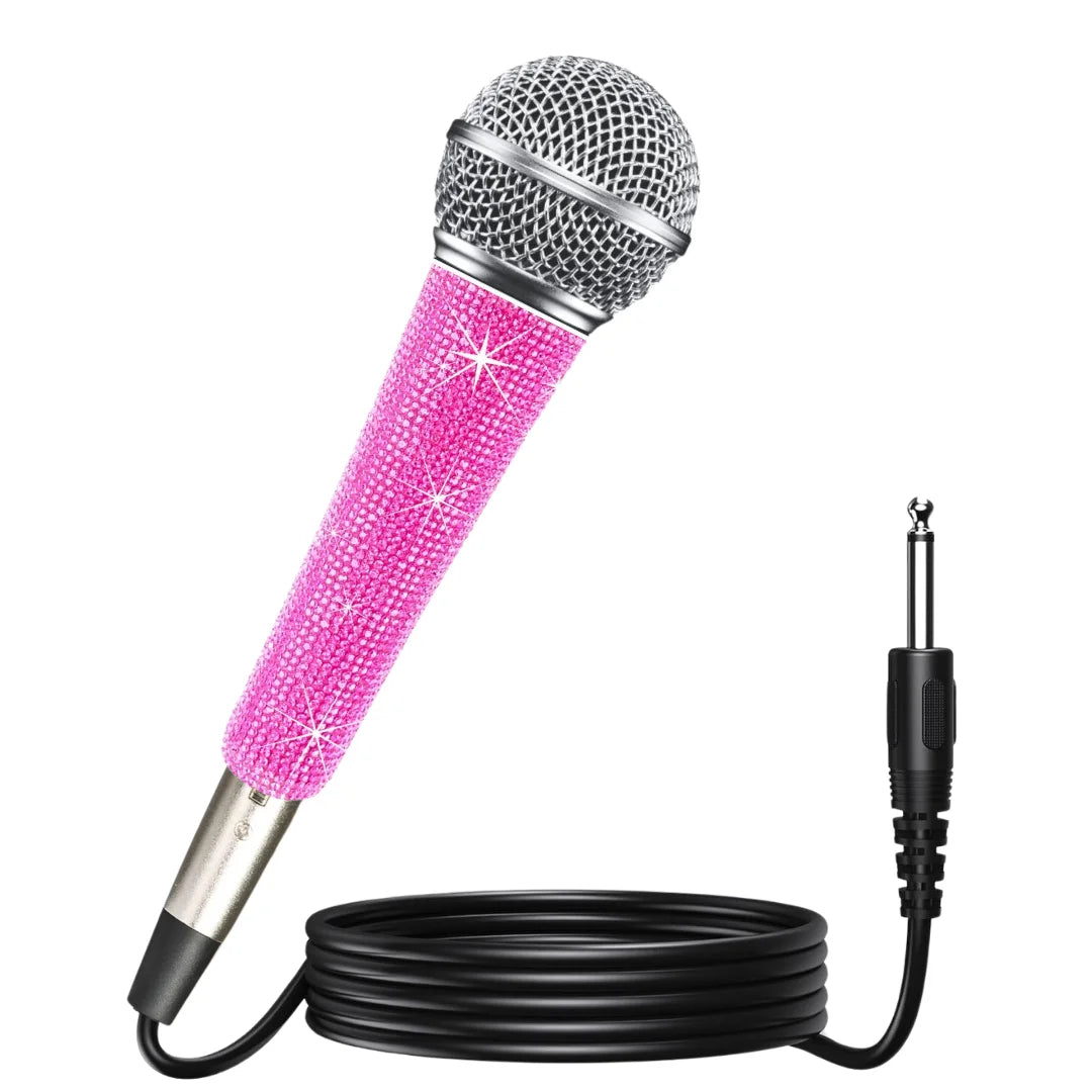 Professional bling pink karaoke microphone with sparkling rhinestone handle silver mesh grille dynamic vocal mic for singing