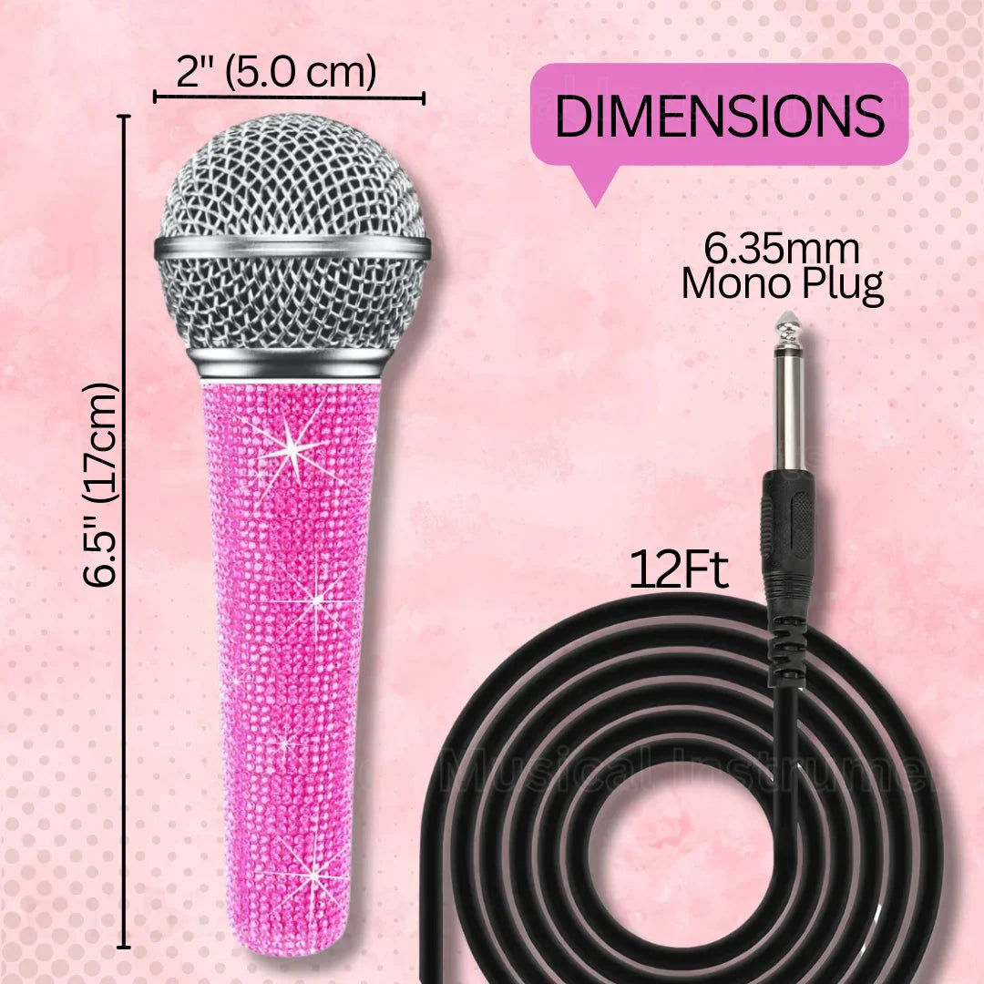 Professional bling pink karaoke microphone with rhinestone handle silver mesh grille metal body and dynamic vocal mic design