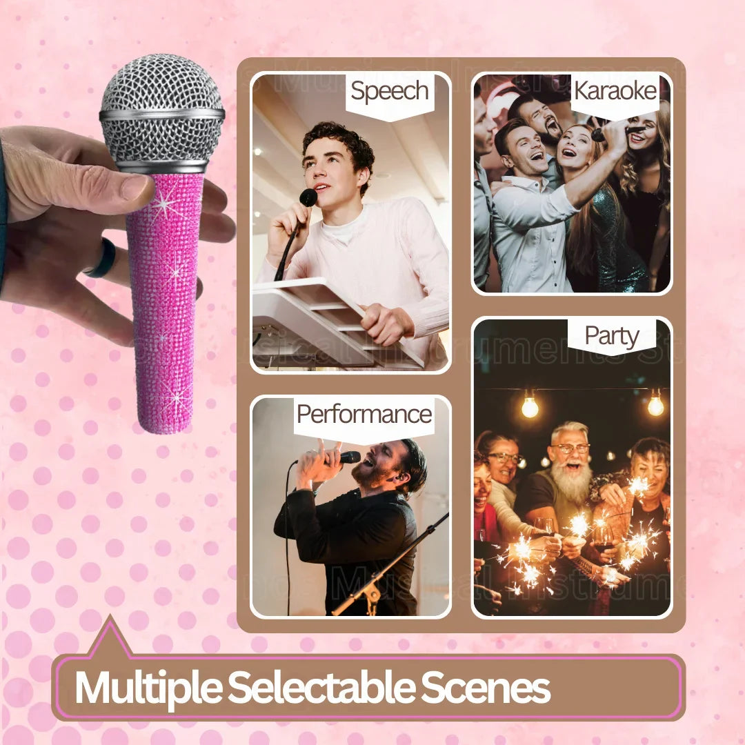A professional bling pink karaoke microphone with a sparkling metal body and silver mesh grille for dynamic vocal use