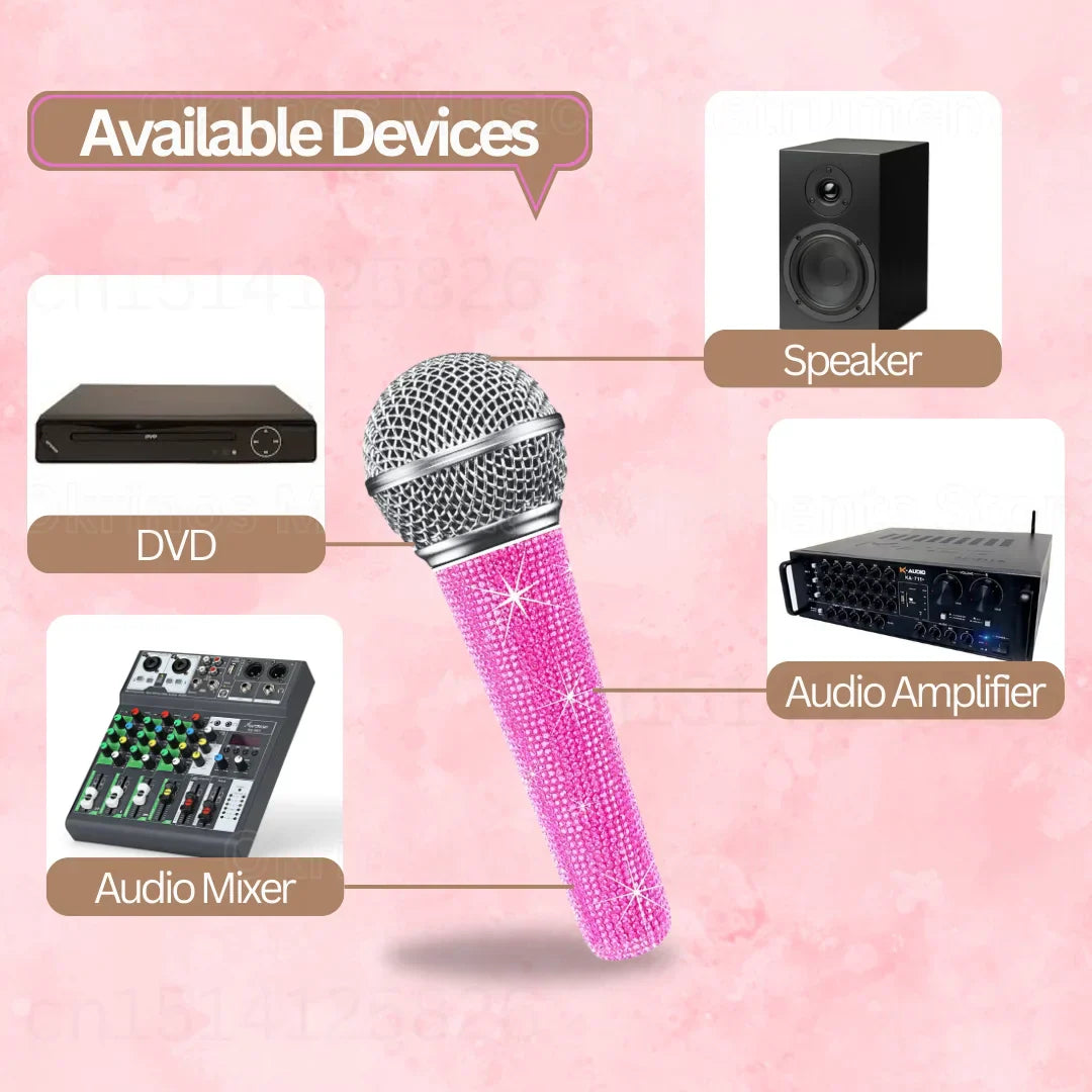 A professional bling pink karaoke microphone with a sparkling handle, silver mesh grille, and dynamic vocal mic design