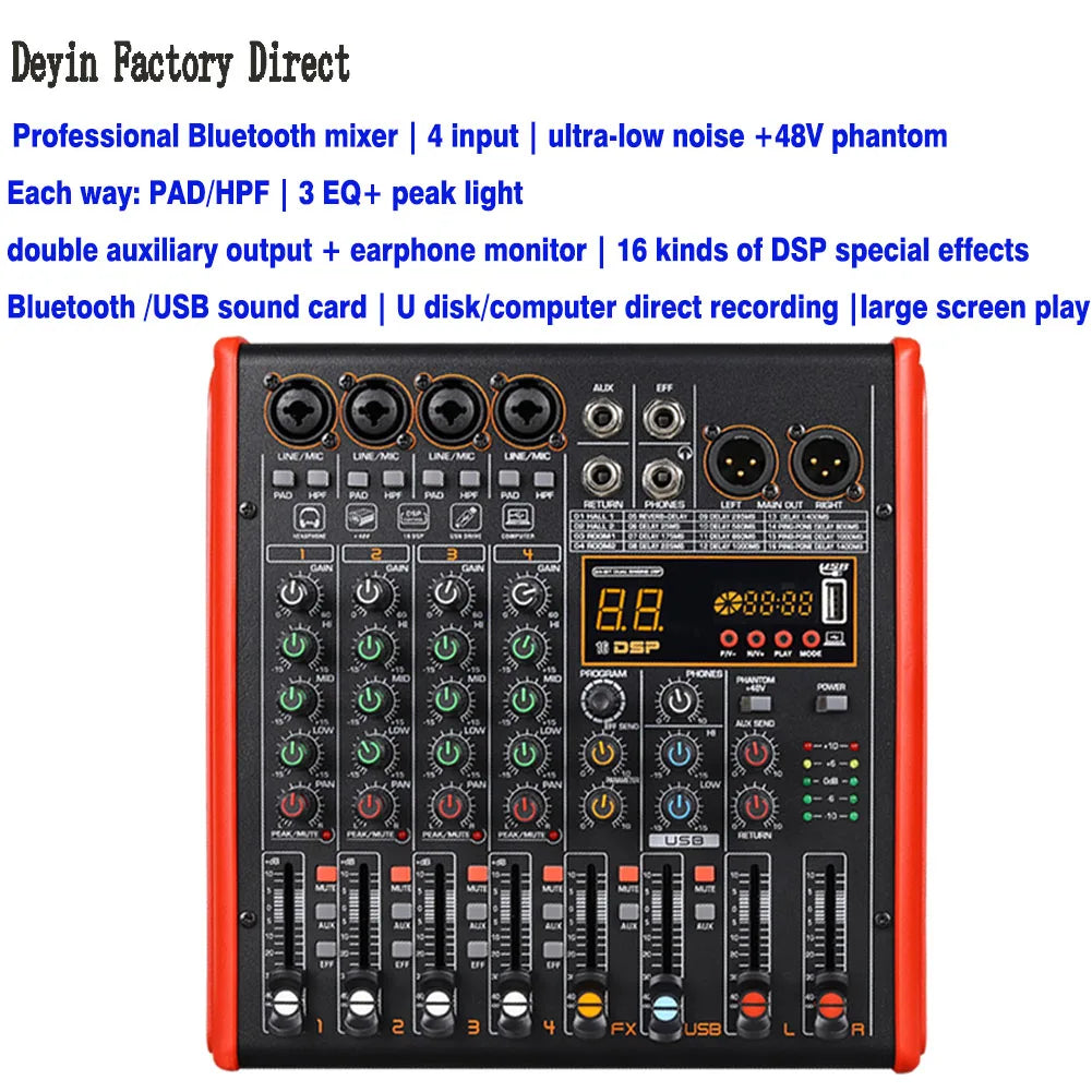 Professional bluetooth mixer in black and red with dsp effects four, four line inputs 48v, digital display, and usb connectivity