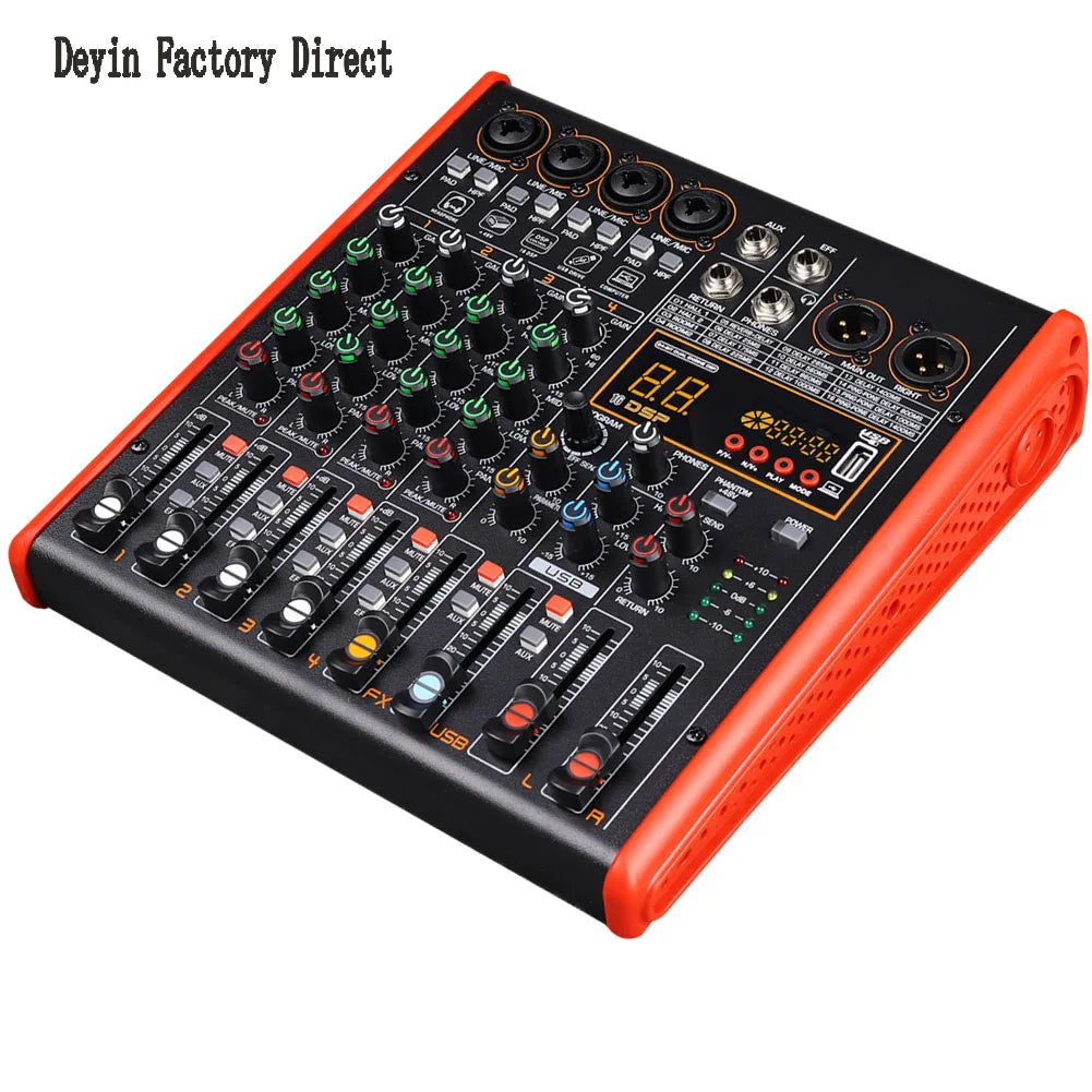 Black and orange professional bluetooth mixer with 8 channels colorful knobs dsp effects four and line inputs 48v power usb port
