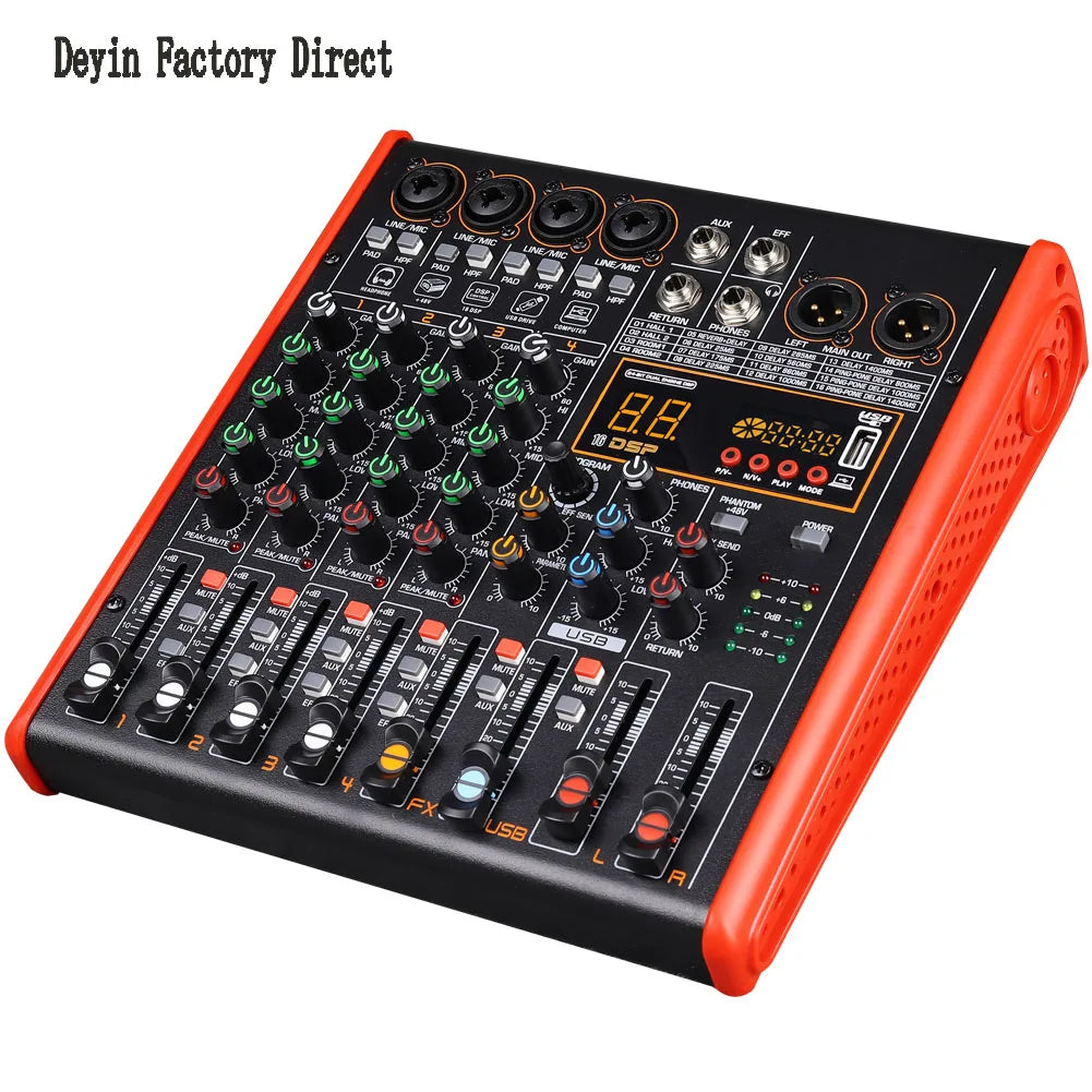 Black and orange professional bluetooth mixer with 8 channels dsp effects four line inputs 48v led display and usb port