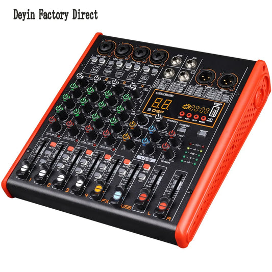 Black and orange professional bluetooth mixer with 8 channels dsp effects four line inputs 48v led display and usb port