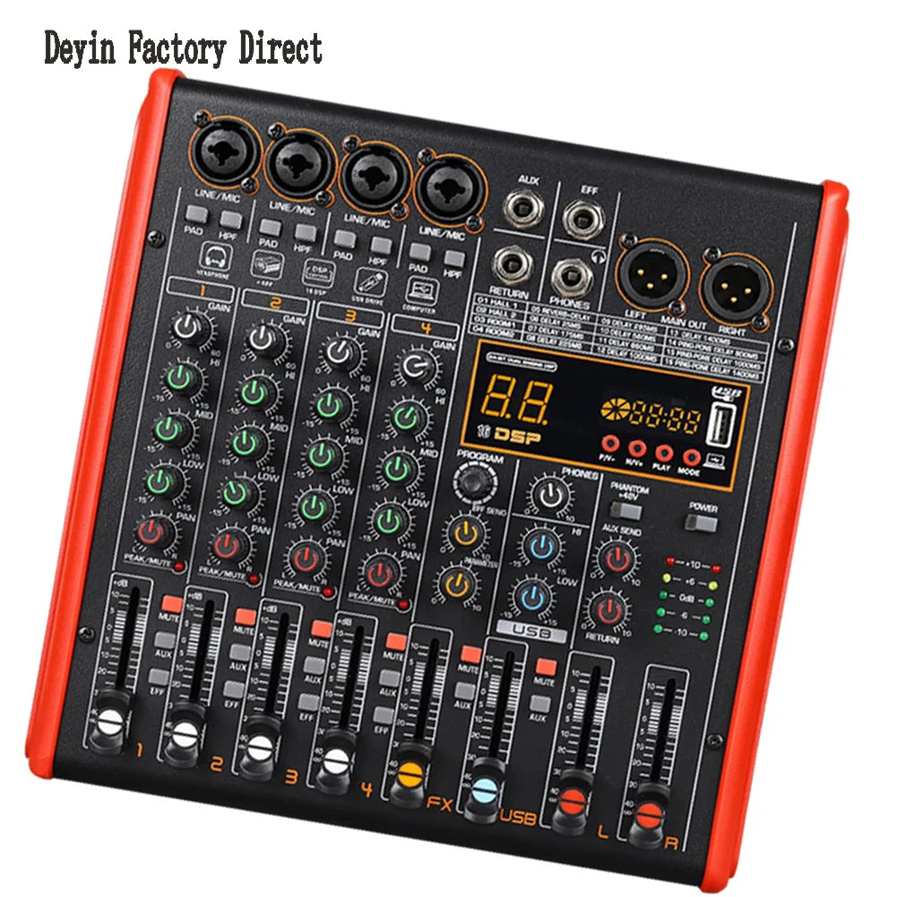Black and red professional bluetooth mixer with dsp effects four, line inputs 48v, multiple input jacks, and usb connectivity