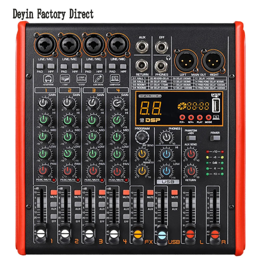Black and red professional bluetooth mixer with 8 channels green yellow blue and orange knobs dsp effects four and line inputs 48v