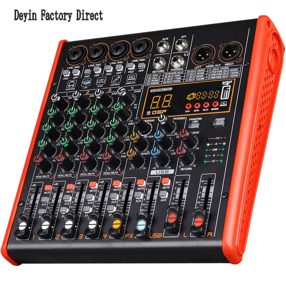 Black and orange professional bluetooth mixer with dsp effects four, 8 channel, 48v line inputs, led display and usb port