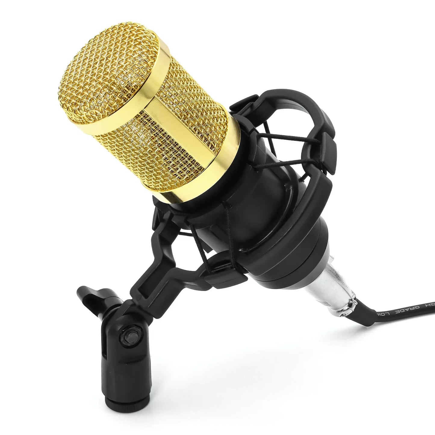 Gold-colored microphone bm800 condenser with mesh grille and black shock mount for ktv radio braodcasting singing recording