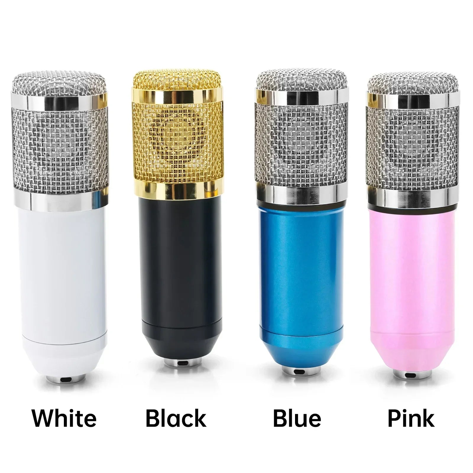 Four studio condenser microphones in white black blue and pink with gold accents for karaoke microphone bm800 ktv radio braodcasting