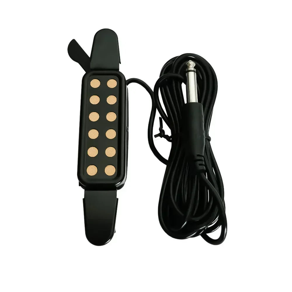Black professional classic acoustic guitar pickup transducer with ten gold magnetic poles and coiled cable 1/4-inch jack