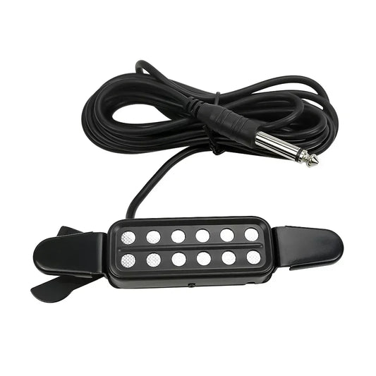 Black clip-on acoustic guitar pickup transducer with six silver magnetic poles and coiled cable for pickup transducer amplifier