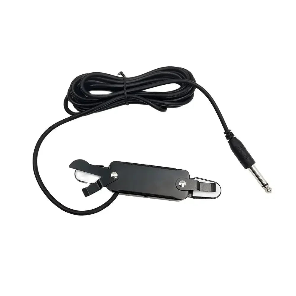 Black acoustic guitar pickup transducer cable with clip-on connector and 6.35mm jack for pickup transducer amplifier