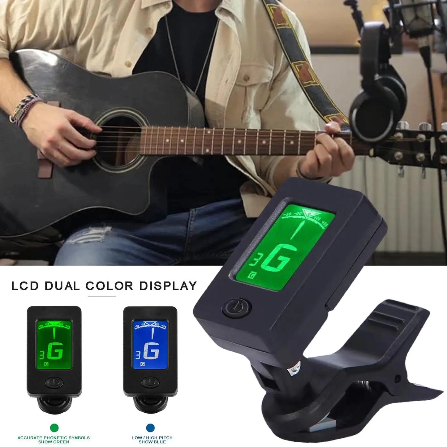 Black plastic professional clip-on 360 degree acoustic guitar tuner with green lcd screen for guitar ukulele accessories