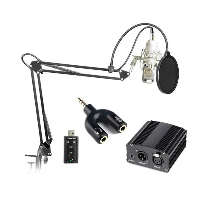 Black adjustable microphone stand with silver wired bm800 studio condenser mic and pop filter for vocal recording ktv karaoke microphone mic