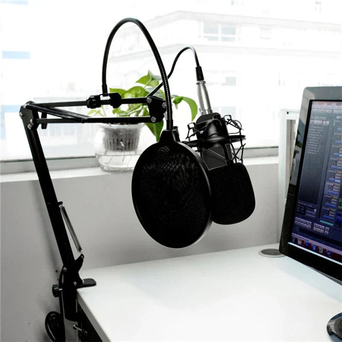 Black wired bm800 studio microphone with pop filter on adjustable arm for vocal recording ktv and karaoke microphone mic use