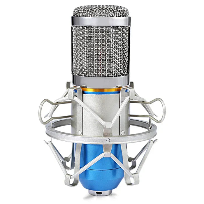 Professional wired bm800 studio condenser microphone in blue and silver with mesh grille and shock mount for vocal recording ktv karaoke microphone mic