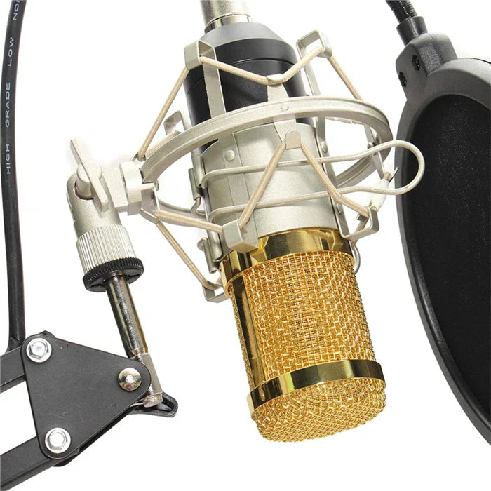 Gold-colored wired bm800 studio condenser microphone with metallic mesh grille and black foam windscreen for vocal recording ktv and karaoke microphone mic