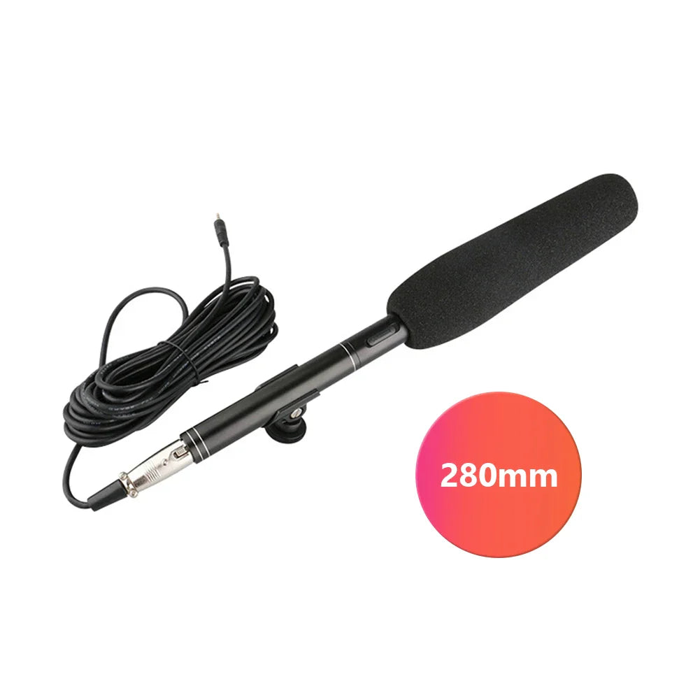 Black 280mm professional condenser microphone with foam windscreen and coiled cable for condenser microphone interview and live mic super-cardioid use