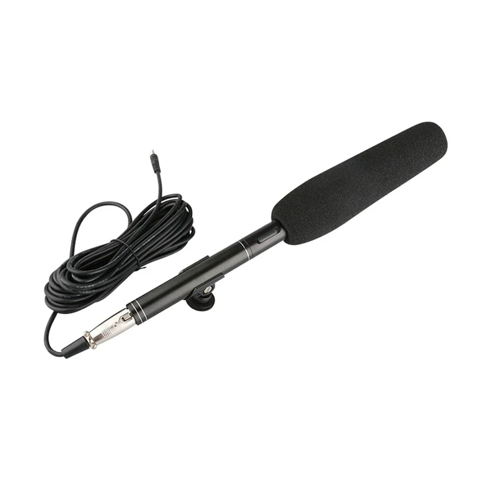 Black professional condenser microphone with foam windscreen and coiled cable for condenser microphone interview and live mic super-cardioid use