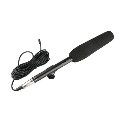 Black professional condenser microphone with foam windscreen and coiled cable for condenser microphone interview and live mic super-cardioid use