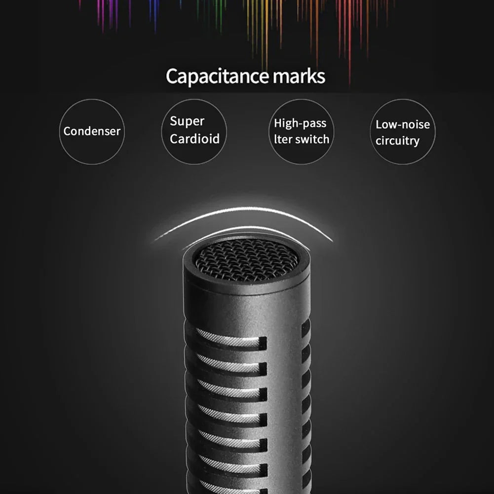 Black metallic professional condenser microphone with super cardioid pattern and horizontal slits for interview recording live mic