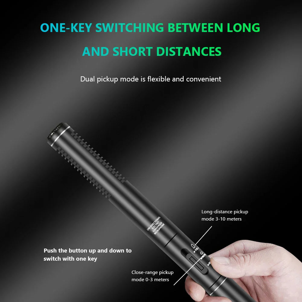 Black professional condenser microphone with textured grip and dual pickup mode switch for interview and live super-cardioid use