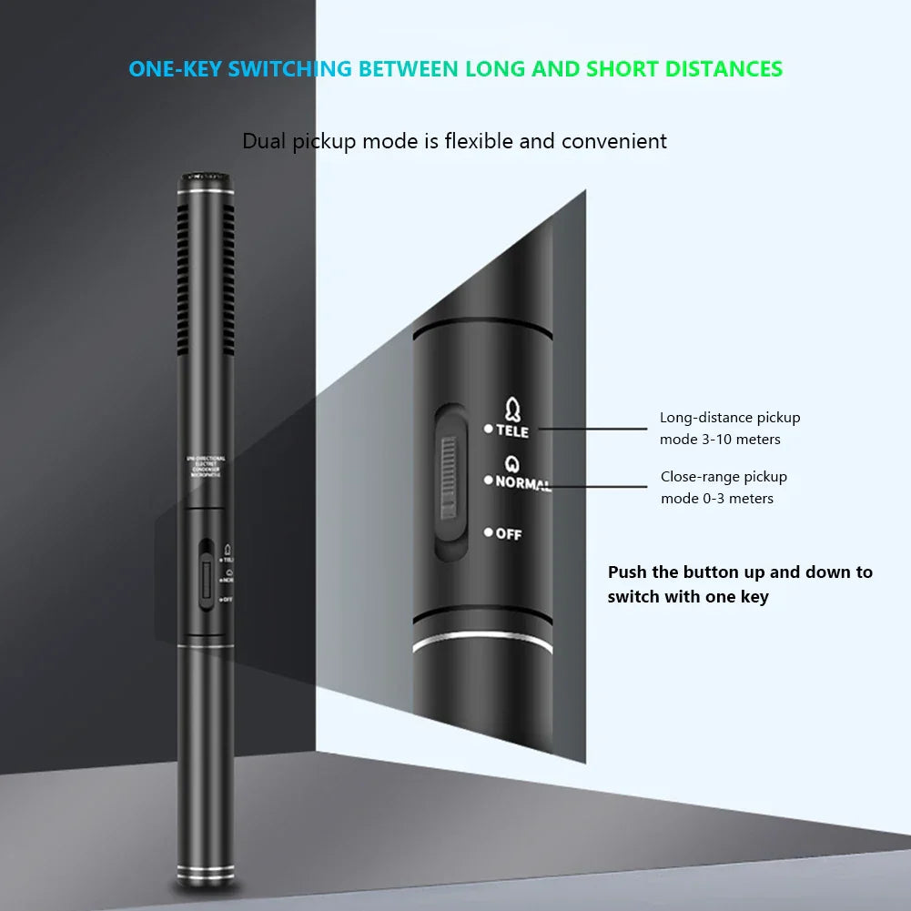 Black professional condenser microphone with textured grille and one-key switching for live mic super-cardioid use