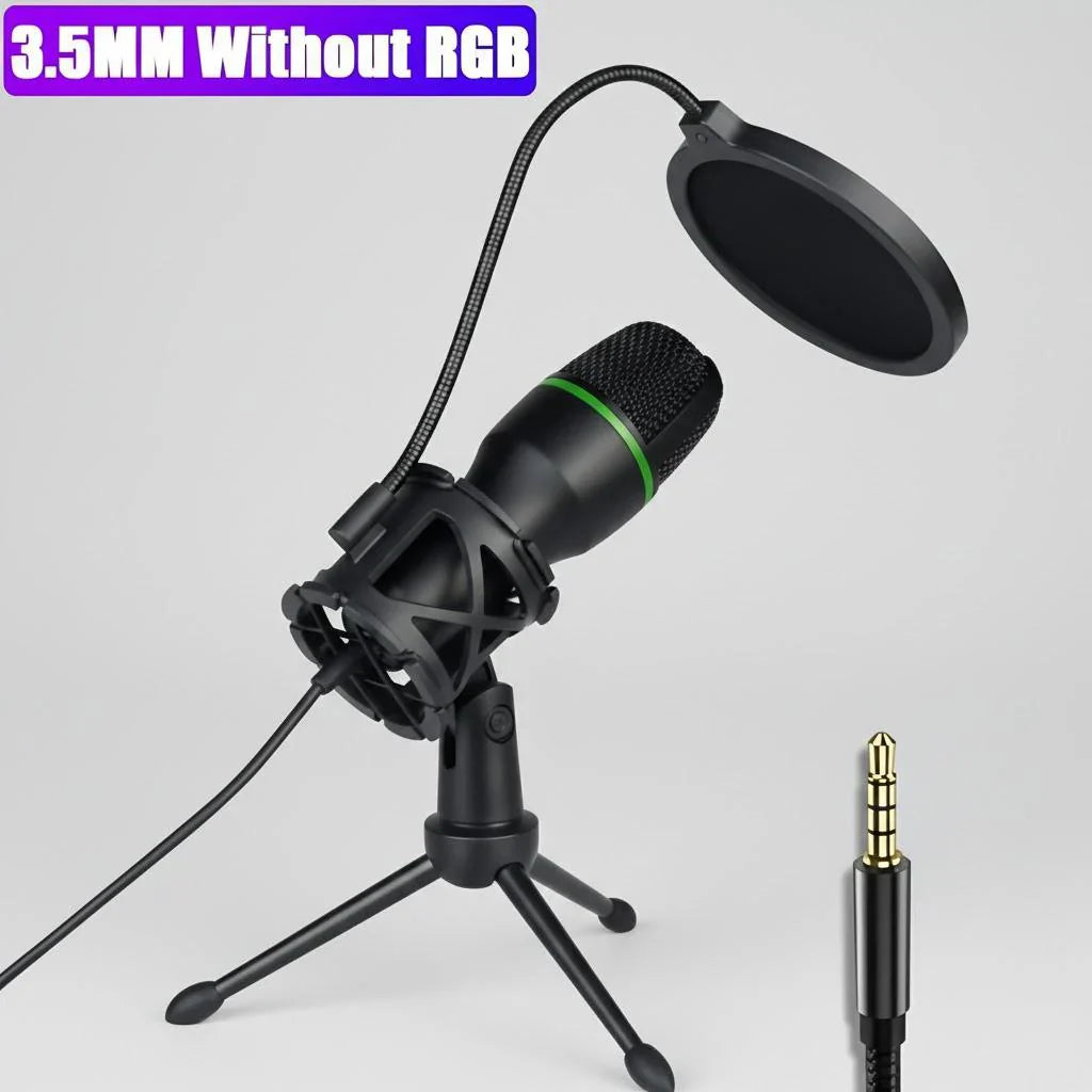 Professional condenser microphone kit in black with green accent mounted on tripod stand for streaming youtube podcasts